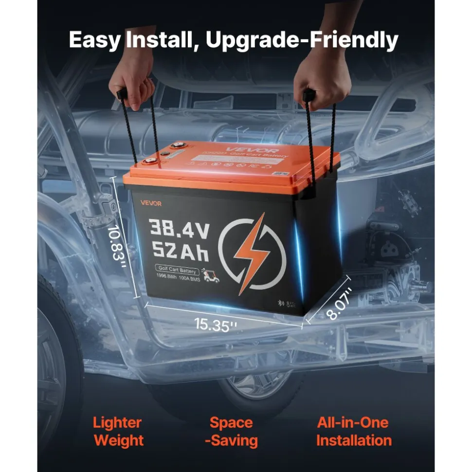VEVOR 36V (38.4V) 52AH Lithium Golf Cart Battery, with 18A Charger, Lifepo4 Battery Kit, Built-in 100A BMS, 4000 Cycles, 2C Discharge Rate, Bluetooth & Mobile APP, for Golf Carts, Trolling Motors