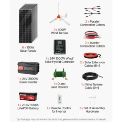 VEVOR 24V 1000W Solar Wind Power Kit, 6*100W Solar Panel + 400W Wind Turbine + 25.6V 100Ah LiFePO4 Battery + 3000W Power Inverter + MPPT Wind/Solar Hybrid Controller for Home Boat Cabin Farm Off-Grid