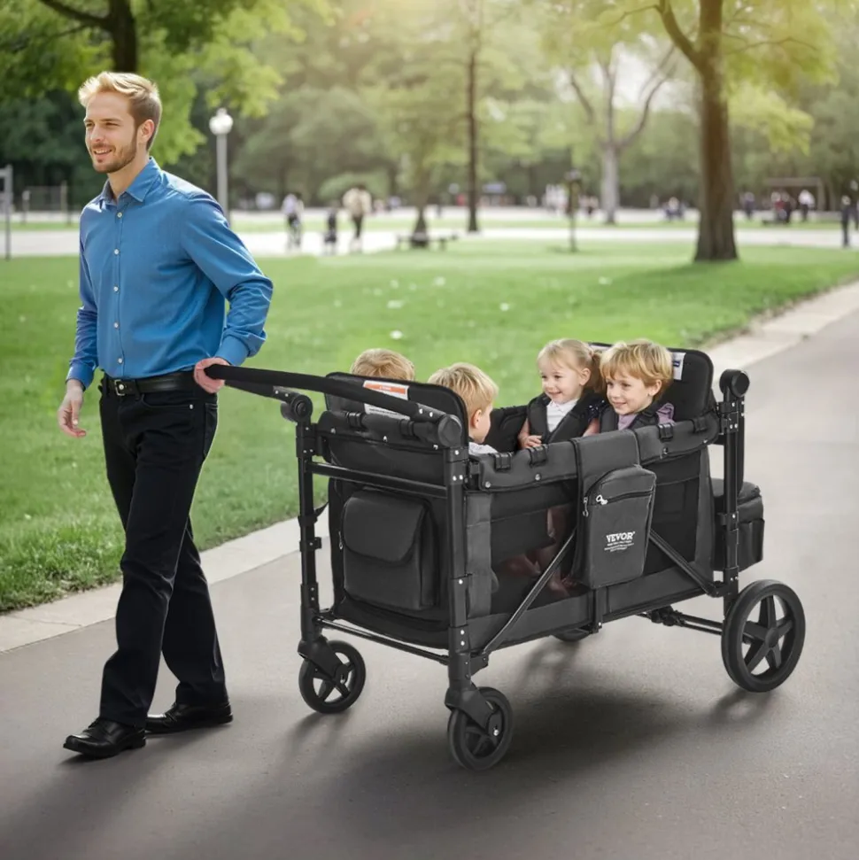 VEVOR Wagon Stroller for 4 Kids, Push Pull Quad Collapsible Stroller with Adjustable Handle, Safety Harness & Removable Canopy, 4-Seater Stroller Wagon for Camping, Dark Gray & Black (330LBS Loading)