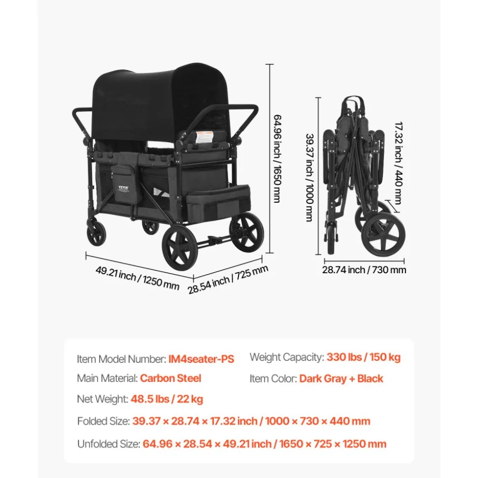 VEVOR Wagon Stroller for 4 Kids, Push Pull Quad Collapsible Stroller with Adjustable Handle, Safety Harness & Removable Canopy, 4-Seater Stroller Wagon for Camping, Dark Gray & Black (330LBS Loading)