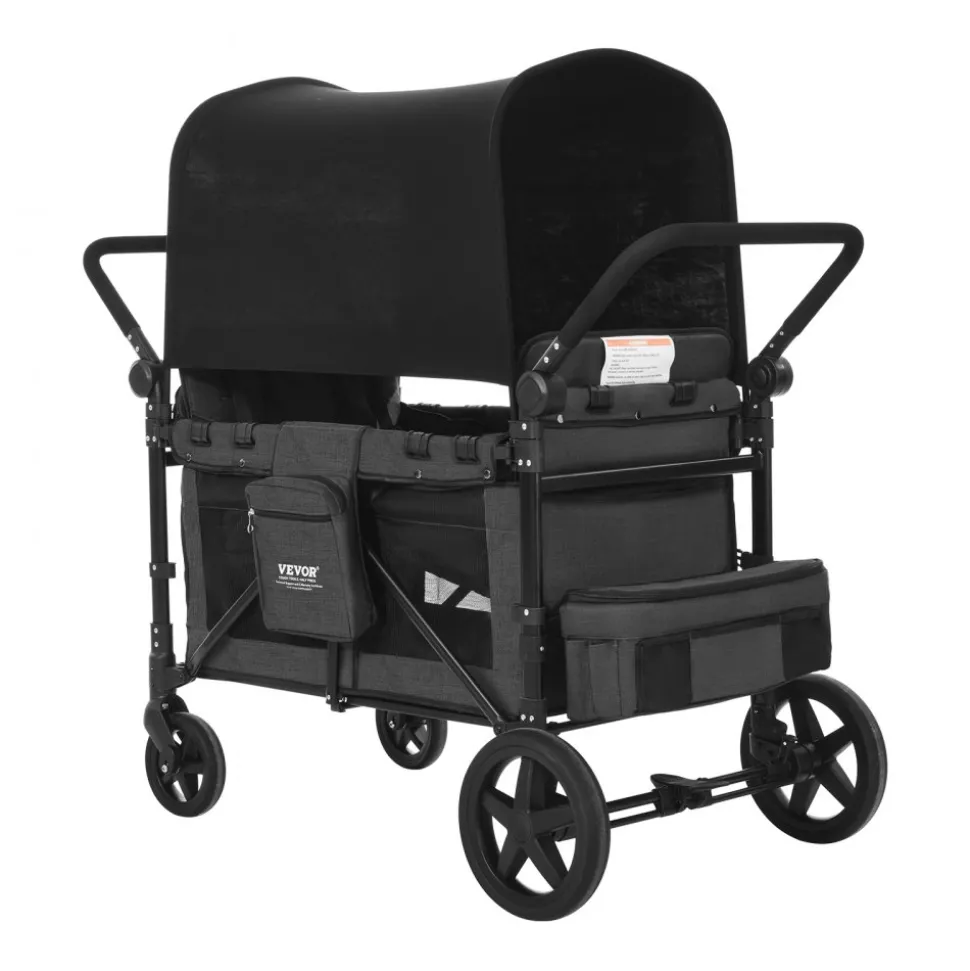 VEVOR Wagon Stroller for 4 Kids, Push Pull Quad Collapsible Stroller with Adjustable Handle, Safety Harness & Removable Canopy, 4-Seater Stroller Wagon for Camping, Dark Gray & Black (330LBS Loading)