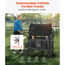 VEVOR Wagon Stroller for 4 Kids, Push Pull Quad Collapsible Stroller with Adjustable Handle, Safety Harness & Removable Canopy, 4-Seater Stroller Wagon for Camping, Dark Gray & Black (330LBS Loading)