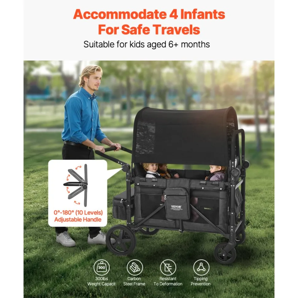 VEVOR Wagon Stroller for 4 Kids, Push Pull Quad Collapsible Stroller with Adjustable Handle, Safety Harness & Removable Canopy, 4-Seater Stroller Wagon for Camping, Dark Gray & Black (330LBS Loading)