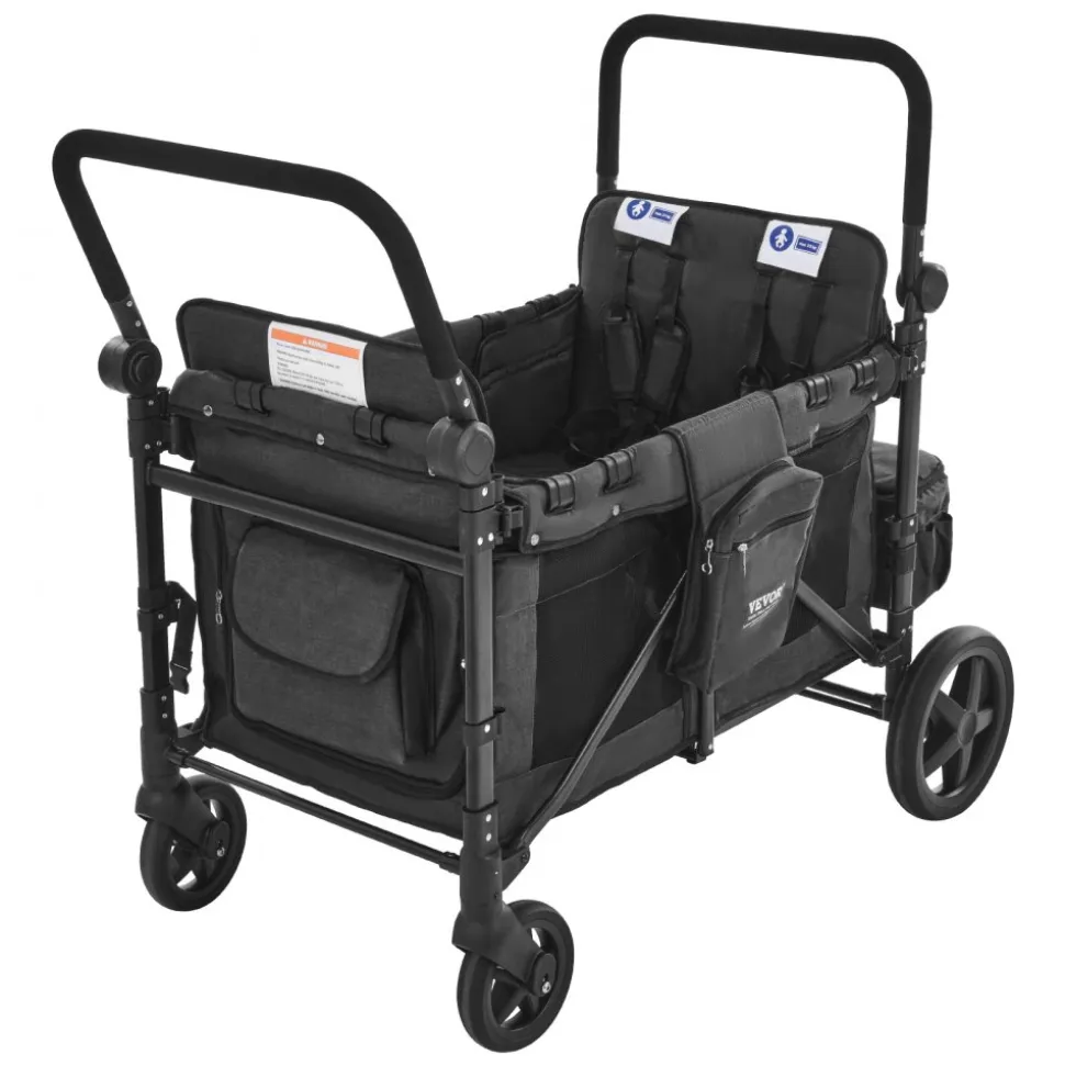 VEVOR Wagon Stroller for 4 Kids, Push Pull Quad Collapsible Stroller with Adjustable Handle, Safety Harness & Removable Canopy, 4-Seater Stroller Wagon for Camping, Dark Gray & Black (330LBS Loading)