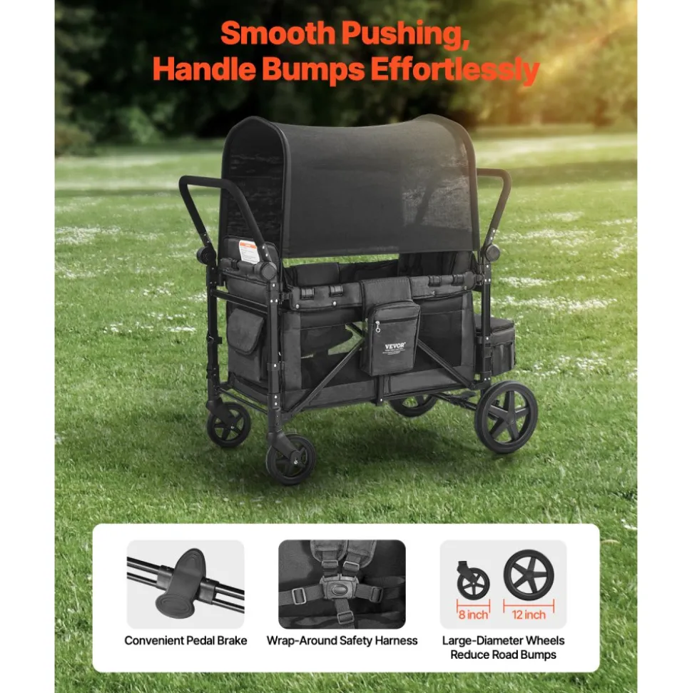 VEVOR Wagon Stroller for 4 Kids, Push Pull Quad Collapsible Stroller with Adjustable Handle, Safety Harness & Removable Canopy, 4-Seater Stroller Wagon for Camping, Dark Gray & Black (330LBS Loading)