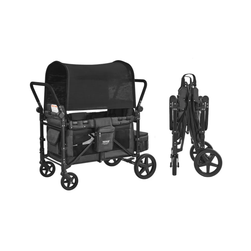VEVOR Wagon Stroller for 4 Kids, Push Pull Quad Collapsible Stroller with Adjustable Handle, Safety Harness & Removable Canopy, 4-Seater Stroller Wagon for Camping, Dark Gray & Black (330LBS Loading)