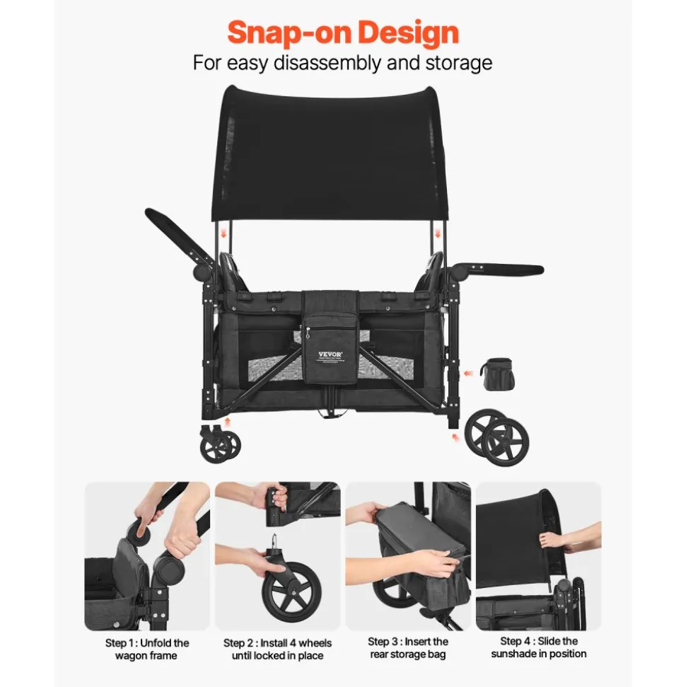 VEVOR Wagon Stroller for 4 Kids, Push Pull Quad Collapsible Stroller with Adjustable Handle, Safety Harness & Removable Canopy, 4-Seater Stroller Wagon for Camping, Dark Gray & Black (330LBS Loading)