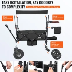 VEVOR Wagon Stroller for 2 Kids, Push Pull Quad Collapsible Stroller with Adjustable Handle, Encircling Harness Removable Canopy, 4 Wheels with Brakes, Mutifunction Tandem Stroller for Camping Black