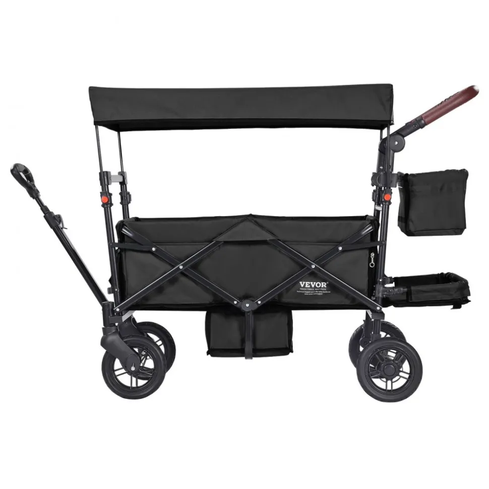 VEVOR Wagon Stroller for 2 Kids, Push Pull Quad Collapsible Stroller with Adjustable Handle, Encircling Harness Removable Canopy, 4 Wheels with Brakes, Mutifunction Tandem Stroller for Camping Black