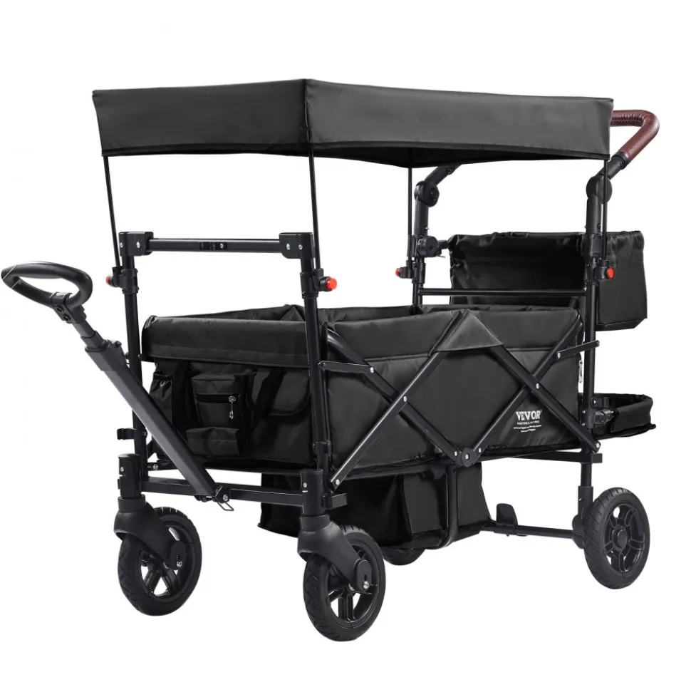 VEVOR Wagon Stroller for 2 Kids, Push Pull Quad Collapsible Stroller with Adjustable Handle, Encircling Harness Removable Canopy, 4 Wheels with Brakes, Mutifunction Tandem Stroller for Camping Black