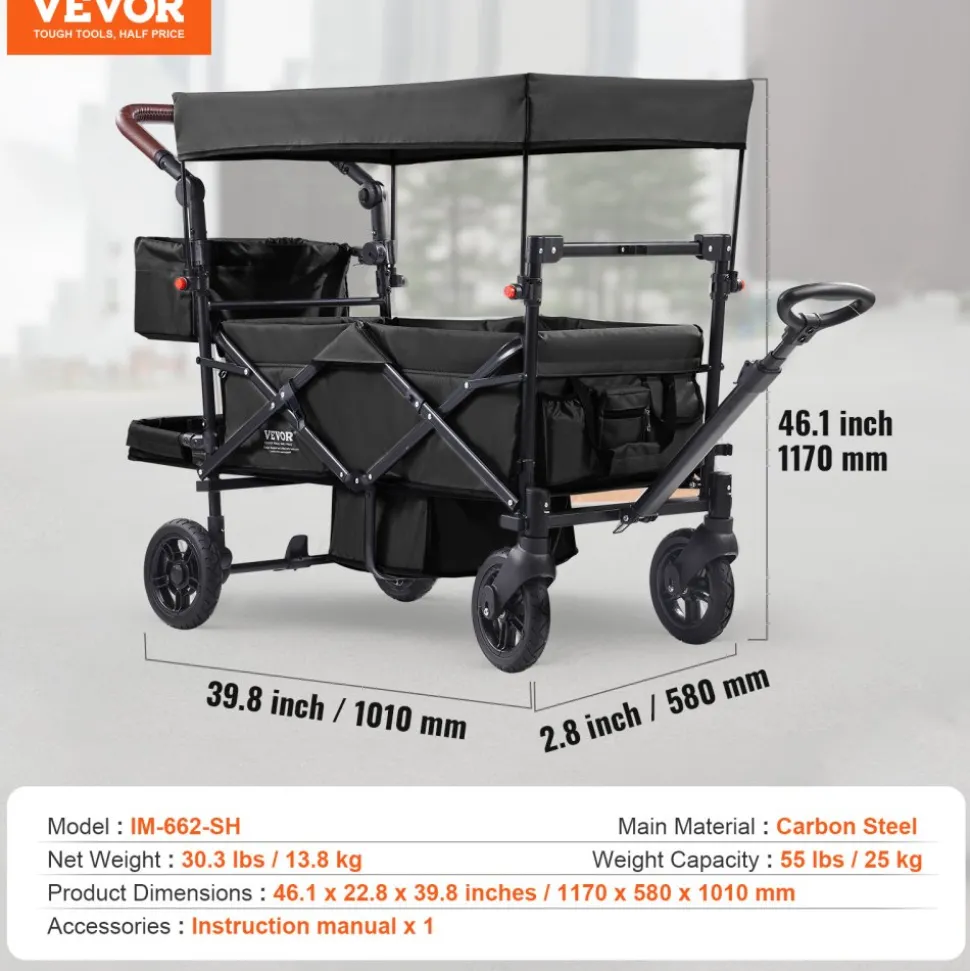 VEVOR Wagon Stroller for 2 Kids, Push Pull Quad Collapsible Stroller with Adjustable Handle, Encircling Harness Removable Canopy, 4 Wheels with Brakes, Mutifunction Tandem Stroller for Camping Black
