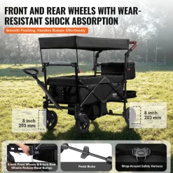 VEVOR Wagon Stroller for 2 Kids, Push Pull Quad Collapsible Stroller with Adjustable Handle, Encircling Harness Removable Canopy, 4 Wheels with Brakes, Mutifunction Tandem Stroller for Camping Black