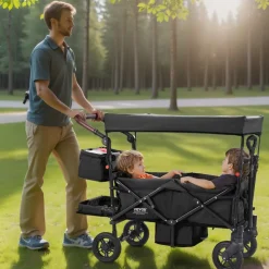 VEVOR Wagon Stroller for 2 Kids, Push Pull Quad Collapsible Stroller with Adjustable Handle, Encircling Harness Removable Canopy, 4 Wheels with Brakes, Mutifunction Tandem Stroller for Camping Black