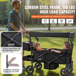 VEVOR Wagon Stroller for 2 Kids, Push Pull Quad Collapsible Stroller with Adjustable Handle, Encircling Harness Removable Canopy, 4 Wheels with Brakes, Mutifunction Tandem Stroller for Camping Black
