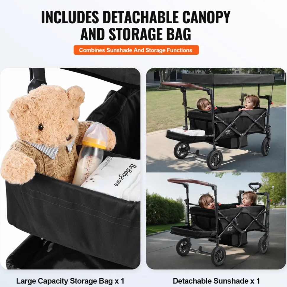 VEVOR Wagon Stroller for 2 Kids, Push Pull Quad Collapsible Stroller with Adjustable Handle, Encircling Harness Removable Canopy, 4 Wheels with Brakes, Mutifunction Tandem Stroller for Camping Black