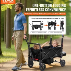 VEVOR Wagon Stroller for 2 Kids, Push Pull Quad Collapsible Stroller with Adjustable Handle, Encircling Harness Removable Canopy, 4 Wheels with Brakes, Mutifunction Tandem Stroller for Camping Black