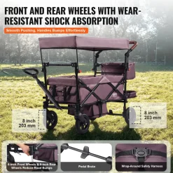 VEVOR Wagon Stroller for 2 Kids, Push Pull Quad Collapsible Stroller with Adjustable Handle, Encircling Harness Removable Canopy,4 Wheels w/ Brakes,Mutifunction Tandem Stroller for Camping Dark Purple