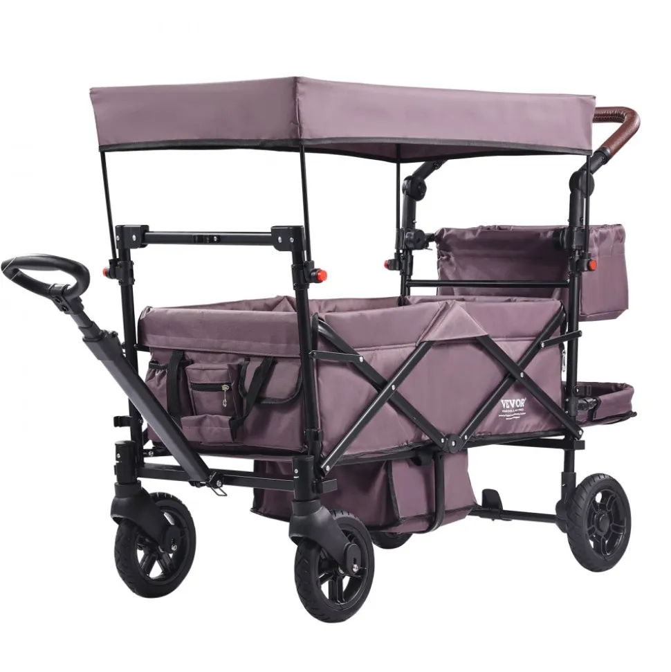 VEVOR Wagon Stroller for 2 Kids, Push Pull Quad Collapsible Stroller with Adjustable Handle, Encircling Harness Removable Canopy,4 Wheels w/ Brakes,Mutifunction Tandem Stroller for Camping Dark Purple