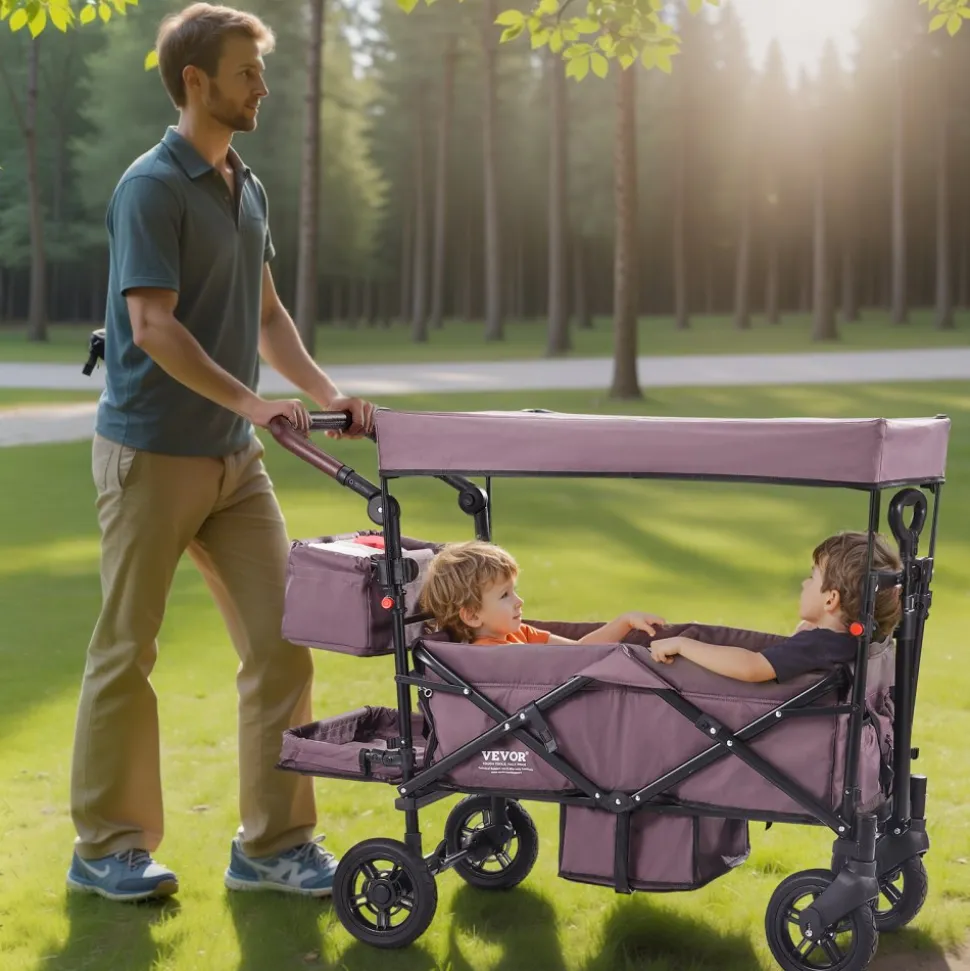 VEVOR Wagon Stroller for 2 Kids, Push Pull Quad Collapsible Stroller with Adjustable Handle, Encircling Harness Removable Canopy,4 Wheels w/ Brakes,Mutifunction Tandem Stroller for Camping Dark Purple