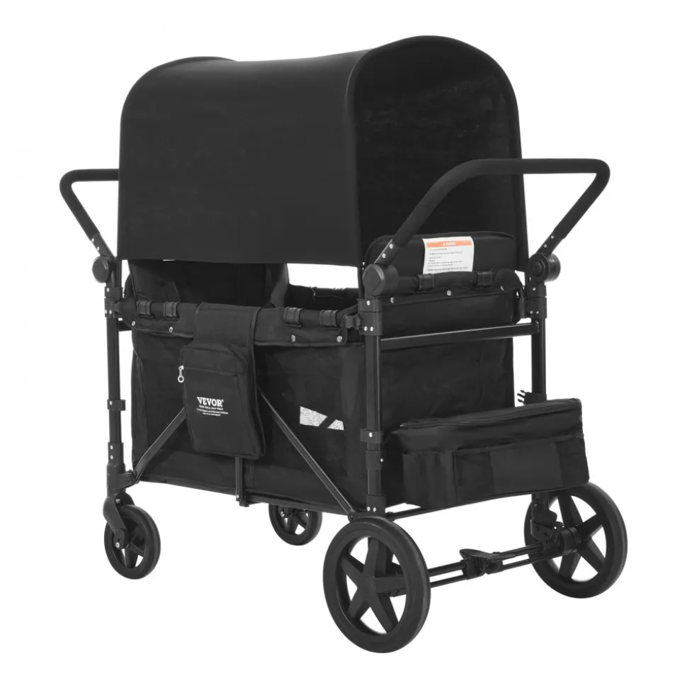 VEVOR Wagon Stroller for 4 Kids, Push Pull Quad Collapsible Stroller with Adjustable Handle, 5-Point Safety Harness & Removable Canopy, 4-Seater Stroller Wagon for Camping, Black (330LBS Loading)