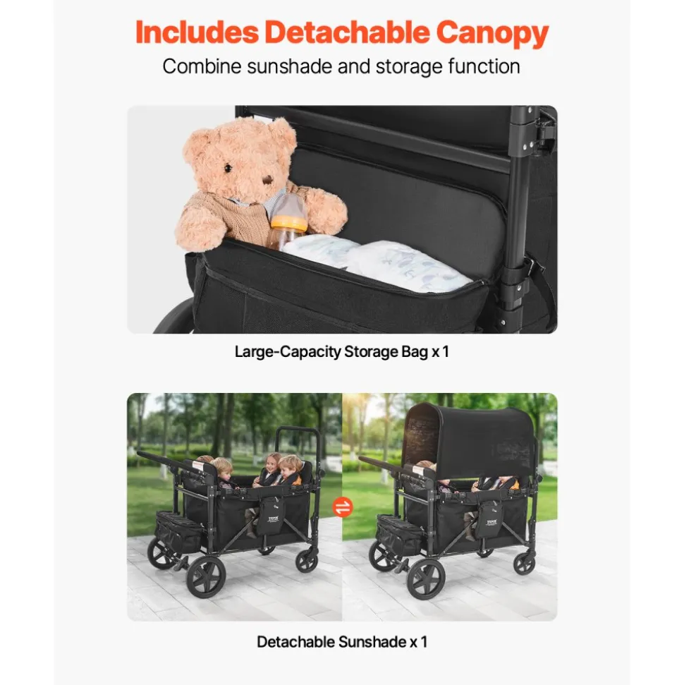 VEVOR Wagon Stroller for 4 Kids, Push Pull Quad Collapsible Stroller with Adjustable Handle, 5-Point Safety Harness & Removable Canopy, 4-Seater Stroller Wagon for Camping, Black (330LBS Loading)