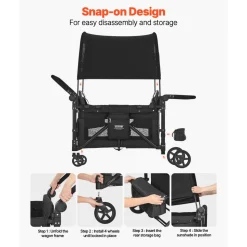 VEVOR Wagon Stroller for 4 Kids, Push Pull Quad Collapsible Stroller with Adjustable Handle, 5-Point Safety Harness & Removable Canopy, 4-Seater Stroller Wagon for Camping, Black (330LBS Loading)