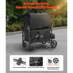 VEVOR Wagon Stroller for 4 Kids, Push Pull Quad Collapsible Stroller with Adjustable Handle, 5-Point Safety Harness & Removable Canopy, 4-Seater Stroller Wagon for Camping, Black (330LBS Loading)