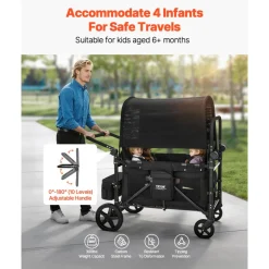 VEVOR Wagon Stroller for 4 Kids, Push Pull Quad Collapsible Stroller with Adjustable Handle, 5-Point Safety Harness & Removable Canopy, 4-Seater Stroller Wagon for Camping, Black (330LBS Loading)