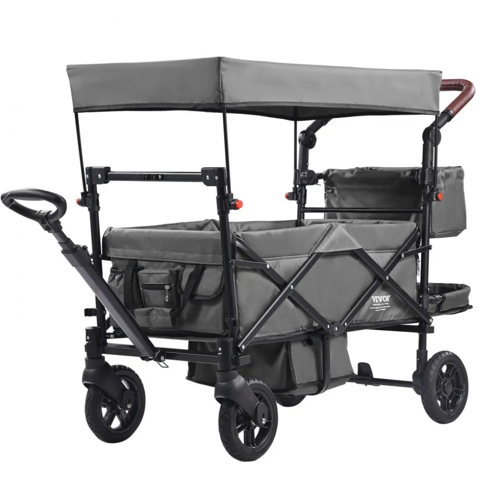 VEVOR Wagon Stroller for 2 Kids, Push Pull Quad Collapsible Stroller with Adjustable Handle, Encircling Harness Removable Canopy, 4 Wheels w/ Brakes, Mutifunction Tandem Stroller for Camping Dark Grey