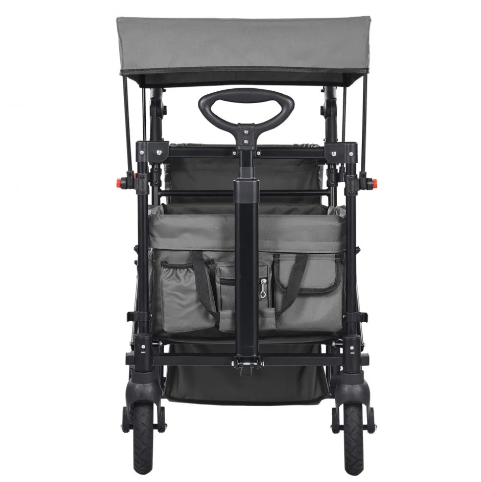 VEVOR Wagon Stroller for 2 Kids, Push Pull Quad Collapsible Stroller with Adjustable Handle, Encircling Harness Removable Canopy, 4 Wheels w/ Brakes, Mutifunction Tandem Stroller for Camping Dark Grey