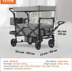 VEVOR Wagon Stroller for 2 Kids, Push Pull Quad Collapsible Stroller with Adjustable Handle, Encircling Harness Removable Canopy, 4 Wheels w/ Brakes, Mutifunction Tandem Stroller for Camping Dark Grey