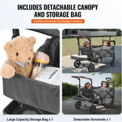 VEVOR Wagon Stroller for 2 Kids, Push Pull Quad Collapsible Stroller with Adjustable Handle, Encircling Harness Removable Canopy, 4 Wheels w/ Brakes, Mutifunction Tandem Stroller for Camping Dark Grey
