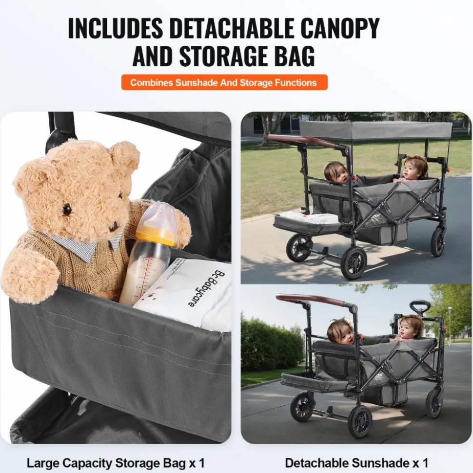 VEVOR Wagon Stroller for 2 Kids, Push Pull Quad Collapsible Stroller with Adjustable Handle, Encircling Harness Removable Canopy, 4 Wheels w/ Brakes, Mutifunction Tandem Stroller for Camping Dark Grey