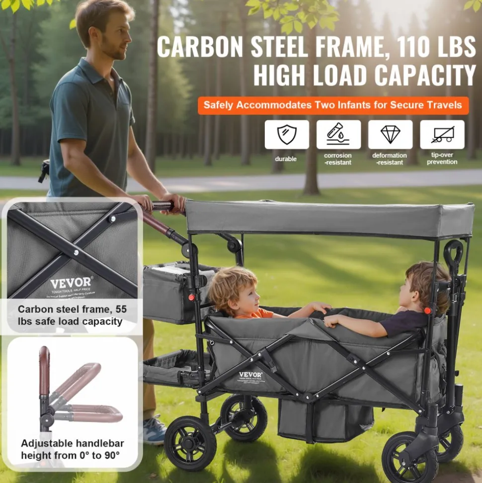 VEVOR Wagon Stroller for 2 Kids, Push Pull Quad Collapsible Stroller with Adjustable Handle, Encircling Harness Removable Canopy, 4 Wheels w/ Brakes, Mutifunction Tandem Stroller for Camping Dark Grey