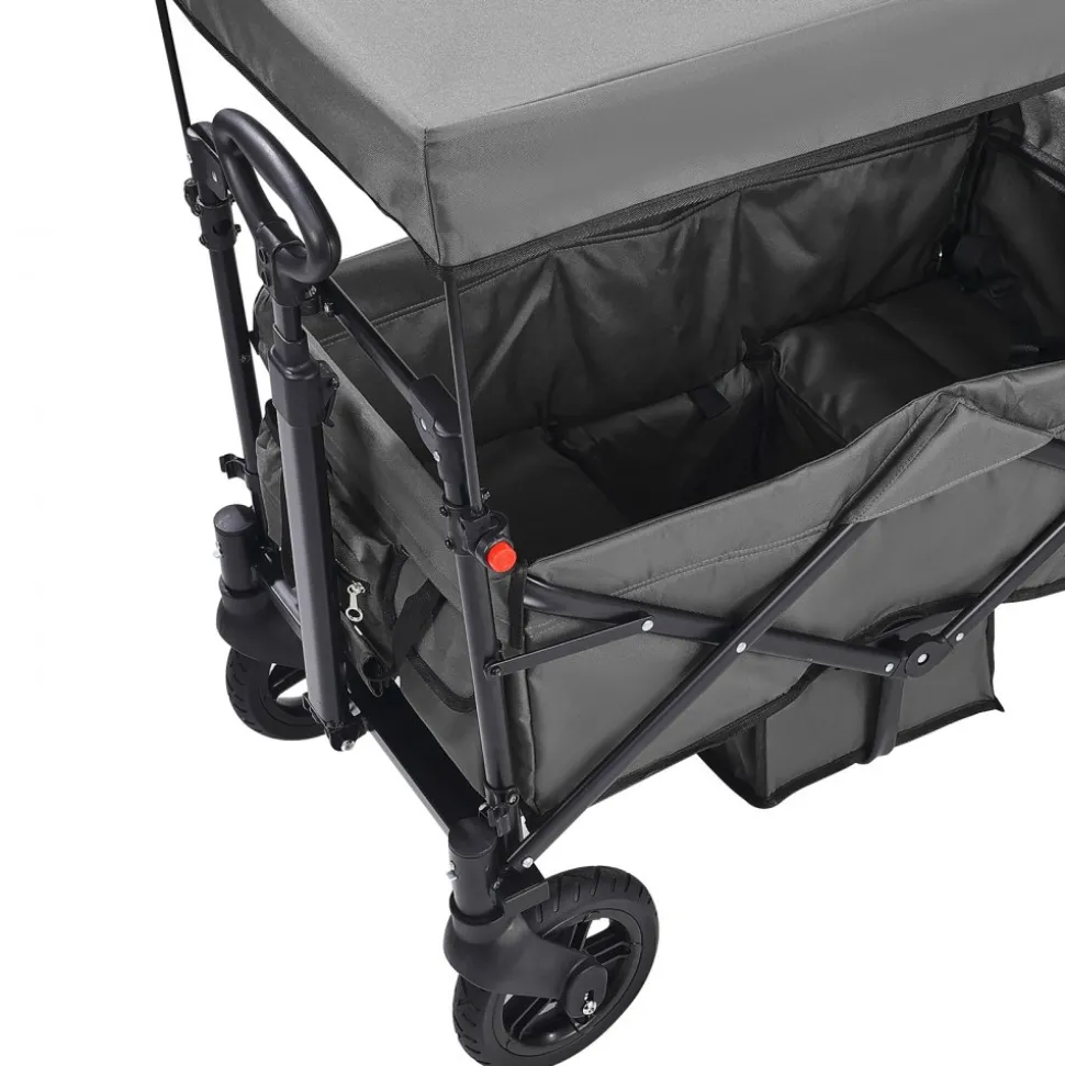 VEVOR Wagon Stroller for 2 Kids, Push Pull Quad Collapsible Stroller with Adjustable Handle, Encircling Harness Removable Canopy, 4 Wheels w/ Brakes, Mutifunction Tandem Stroller for Camping Dark Grey