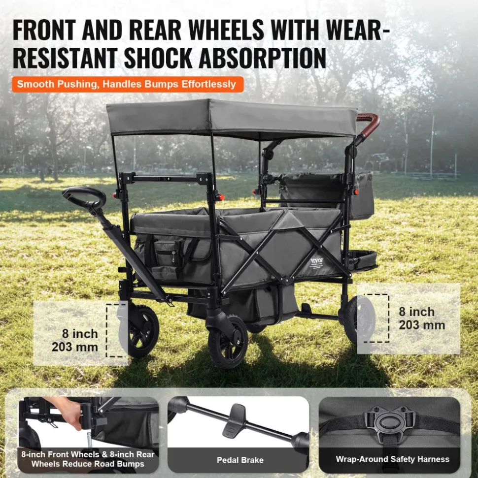 VEVOR Wagon Stroller for 2 Kids, Push Pull Quad Collapsible Stroller with Adjustable Handle, Encircling Harness Removable Canopy, 4 Wheels w/ Brakes, Mutifunction Tandem Stroller for Camping Dark Grey