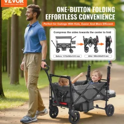 VEVOR Wagon Stroller for 2 Kids, Push Pull Quad Collapsible Stroller with Adjustable Handle, Encircling Harness Removable Canopy, 4 Wheels w/ Brakes, Mutifunction Tandem Stroller for Camping Dark Grey