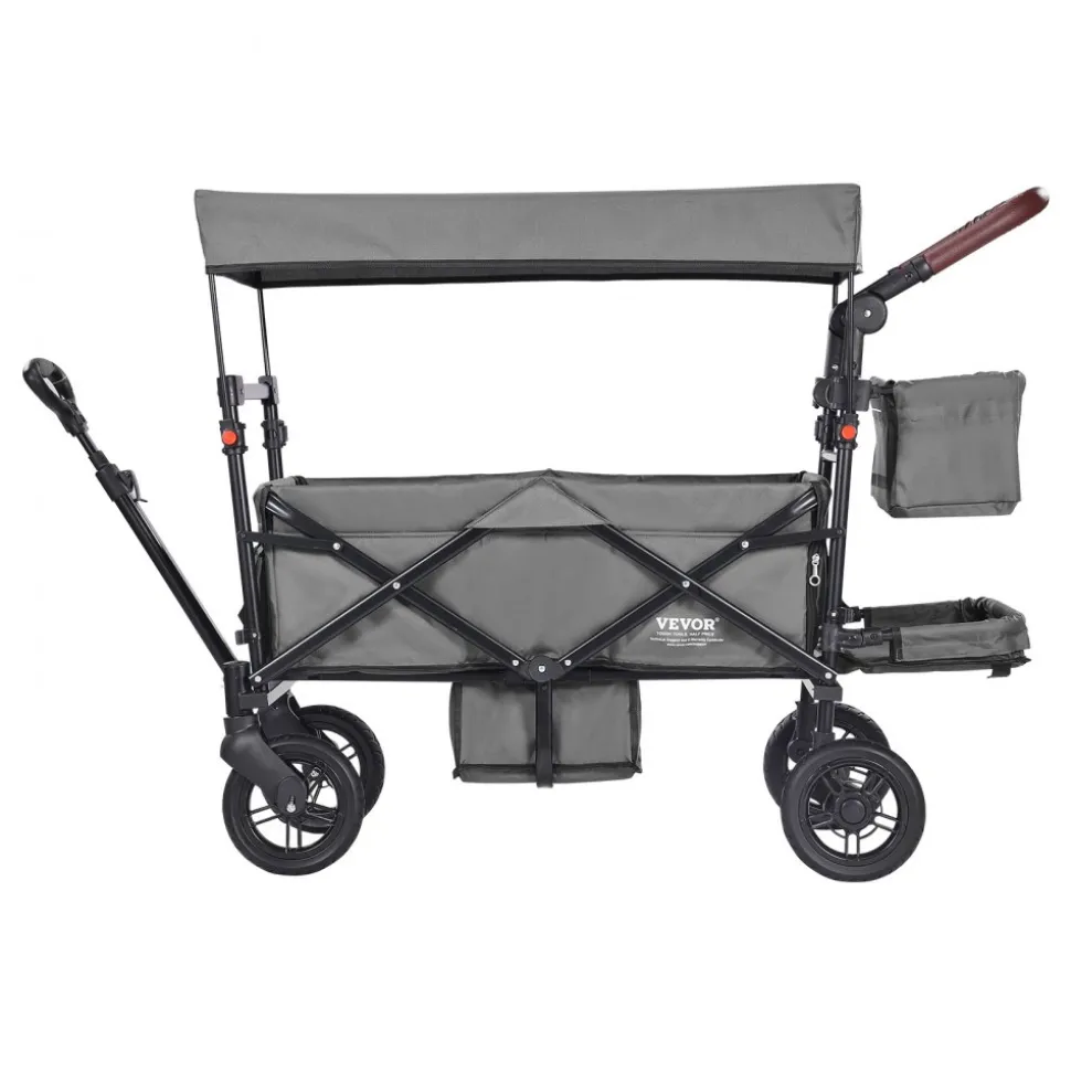 VEVOR Wagon Stroller for 2 Kids, Push Pull Quad Collapsible Stroller with Adjustable Handle, Encircling Harness Removable Canopy, 4 Wheels w/ Brakes, Mutifunction Tandem Stroller for Camping Dark Grey