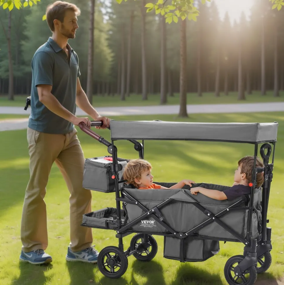 VEVOR Wagon Stroller for 2 Kids, Push Pull Quad Collapsible Stroller with Adjustable Handle, Encircling Harness Removable Canopy, 4 Wheels w/ Brakes, Mutifunction Tandem Stroller for Camping Dark Grey