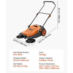 VEVOR Walk-Behind Hand Push Floor Sweeper, Manual Floor Sweeper Non-Electric with 25.6" Sweeping Width, 5 Gallons Waste Container & Adjustable Folding Handle for Yards Walkways Patios Garages - Orange