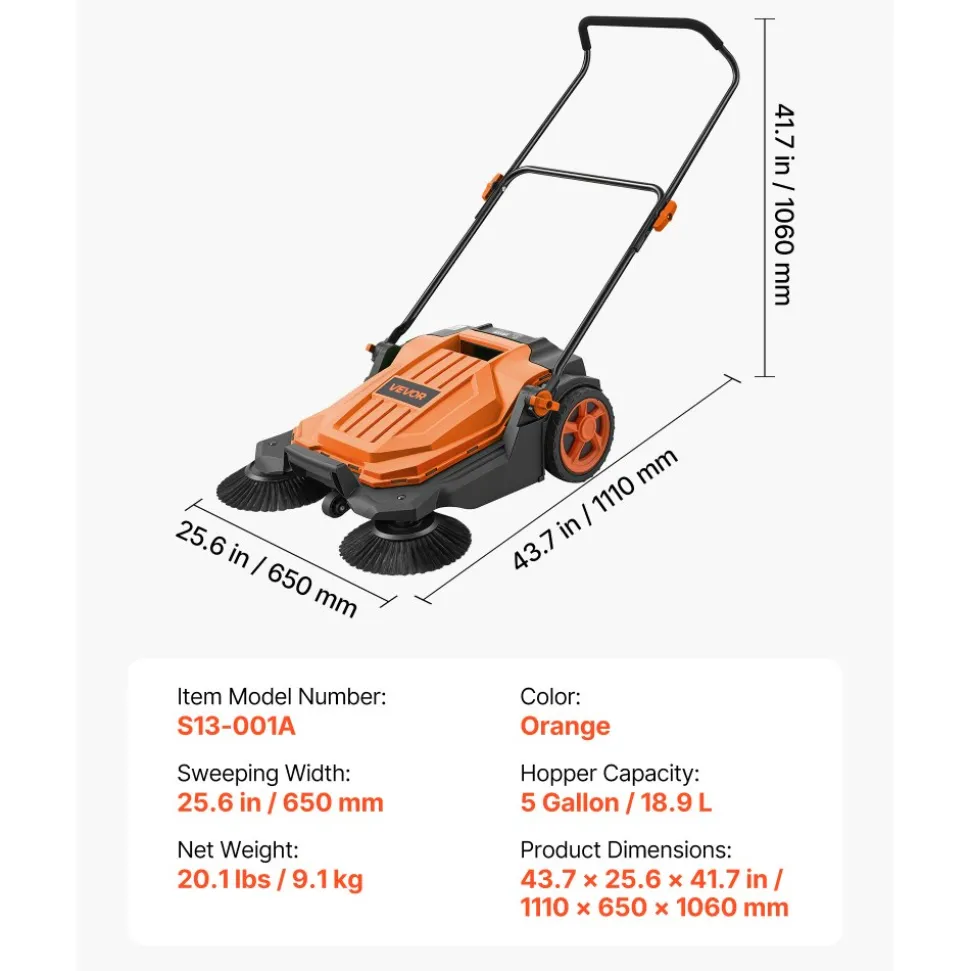 VEVOR Walk-Behind Hand Push Floor Sweeper, Manual Floor Sweeper Non-Electric with 25.6" Sweeping Width, 5 Gallons Waste Container & Adjustable Folding Handle for Yards Walkways Patios Garages - Orange