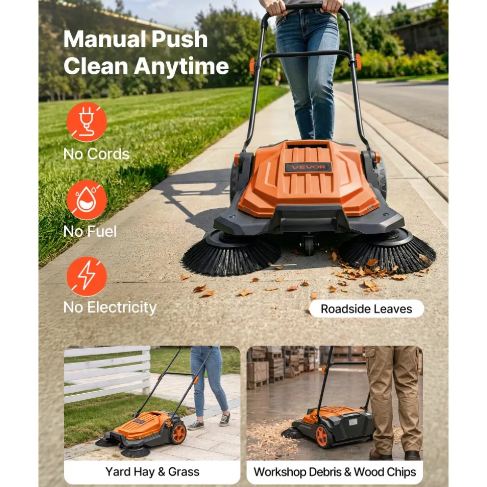 VEVOR Walk-Behind Hand Push Floor Sweeper, Manual Floor Sweeper Non-Electric with 25.6" Sweeping Width, 5 Gallons Waste Container & Adjustable Folding Handle for Yards Walkways Patios Garages - Orange