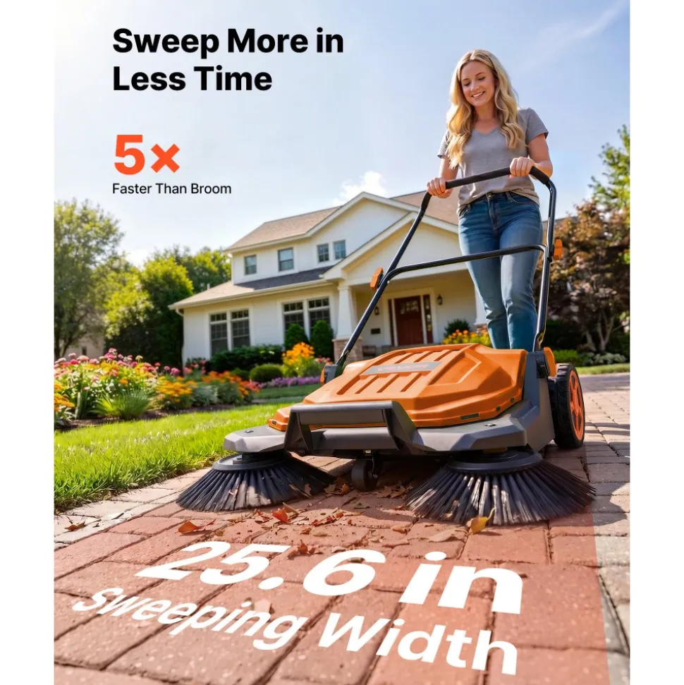 VEVOR Walk-Behind Hand Push Floor Sweeper, Manual Floor Sweeper Non-Electric with 25.6" Sweeping Width, 5 Gallons Waste Container & Adjustable Folding Handle for Yards Walkways Patios Garages - Orange
