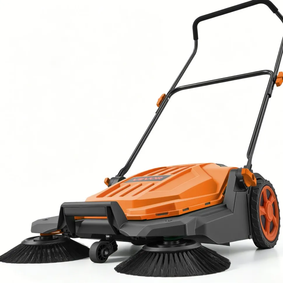 VEVOR Walk-Behind Hand Push Floor Sweeper, Manual Floor Sweeper Non-Electric with 25.6" Sweeping Width, 5 Gallons Waste Container & Adjustable Folding Handle for Yards Walkways Patios Garages - Orange
