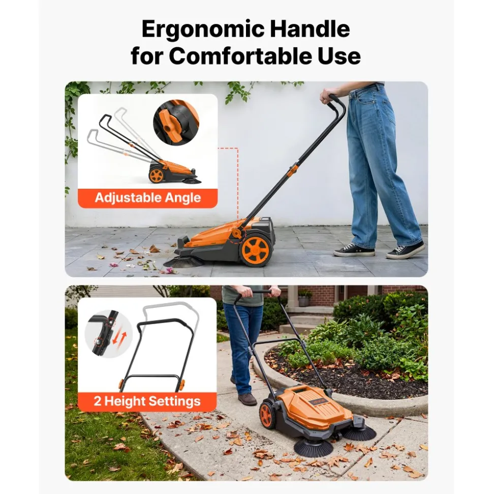 VEVOR Walk-Behind Hand Push Floor Sweeper, Manual Floor Sweeper Non-Electric with 25.6" Sweeping Width, 5 Gallons Waste Container & Adjustable Folding Handle for Yards Walkways Patios Garages - Orange