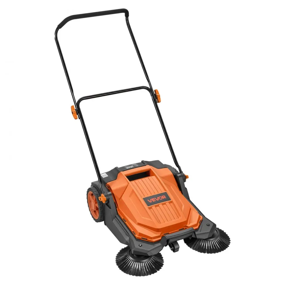 VEVOR Walk-Behind Hand Push Floor Sweeper, Manual Floor Sweeper Non-Electric with 25.6" Sweeping Width, 5 Gallons Waste Container & Adjustable Folding Handle for Yards Walkways Patios Garages - Orange