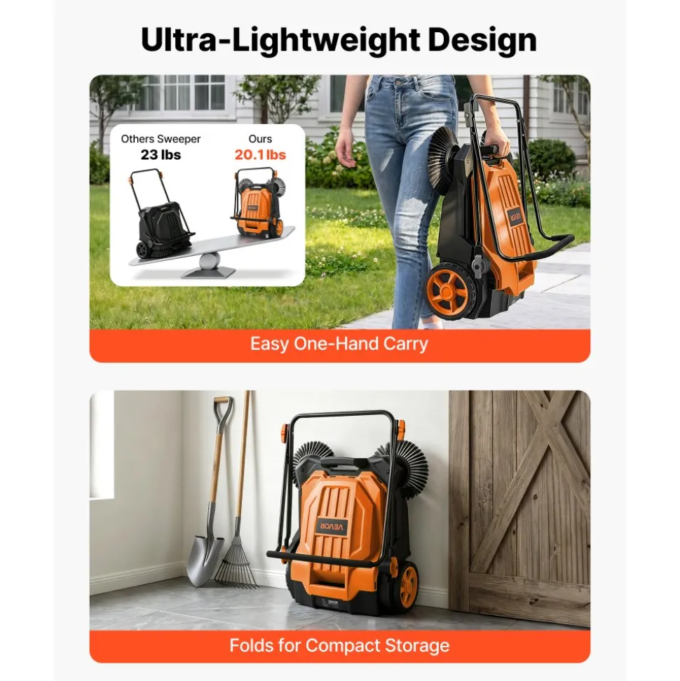 VEVOR Walk-Behind Hand Push Floor Sweeper, Manual Floor Sweeper Non-Electric with 25.6" Sweeping Width, 5 Gallons Waste Container & Adjustable Folding Handle for Yards Walkways Patios Garages - Orange