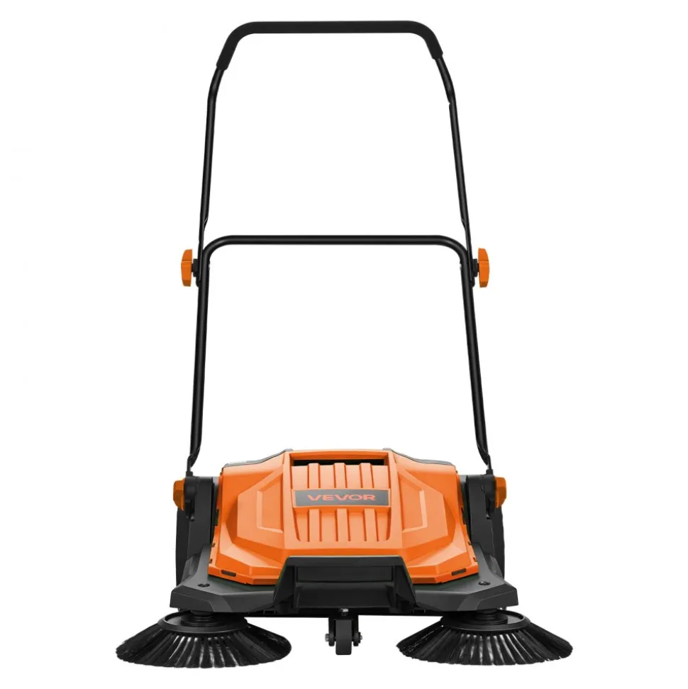 VEVOR Walk-Behind Hand Push Floor Sweeper, Manual Floor Sweeper Non-Electric with 25.6" Sweeping Width, 5 Gallons Waste Container & Adjustable Folding Handle for Yards Walkways Patios Garages - Orange