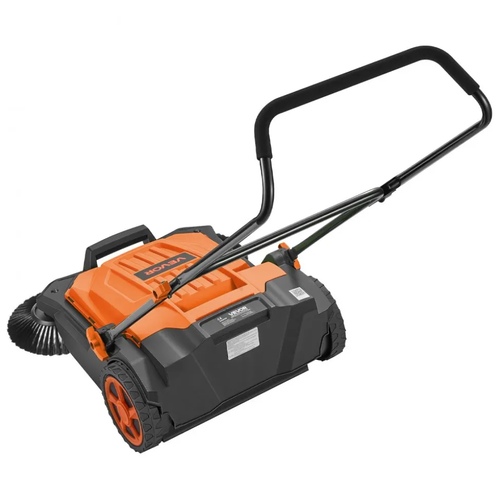 VEVOR Walk-Behind Hand Push Floor Sweeper, Manual Floor Sweeper Non-Electric with 25.6" Sweeping Width, 5 Gallons Waste Container & Adjustable Folding Handle for Yards Walkways Patios Garages - Orange