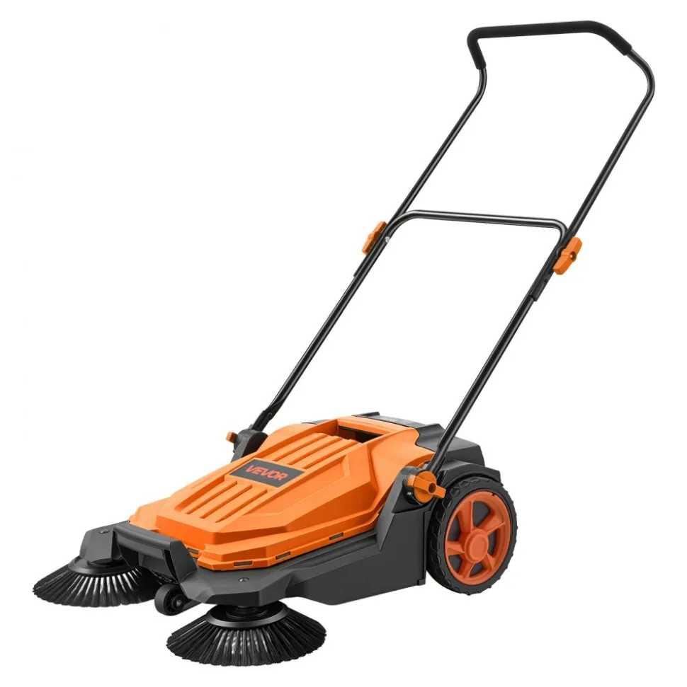 VEVOR Walk-Behind Hand Push Floor Sweeper, Manual Floor Sweeper Non-Electric with 25.6" Sweeping Width, 5 Gallons Waste Container & Adjustable Folding Handle for Yards Walkways Patios Garages - Orange
